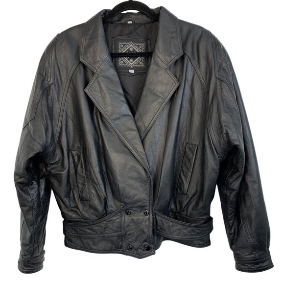 80s VTG Suzies Black Moto Leather Jacket Large Dolman Snap Crop Insulated 6729 - Picture 6 of 16